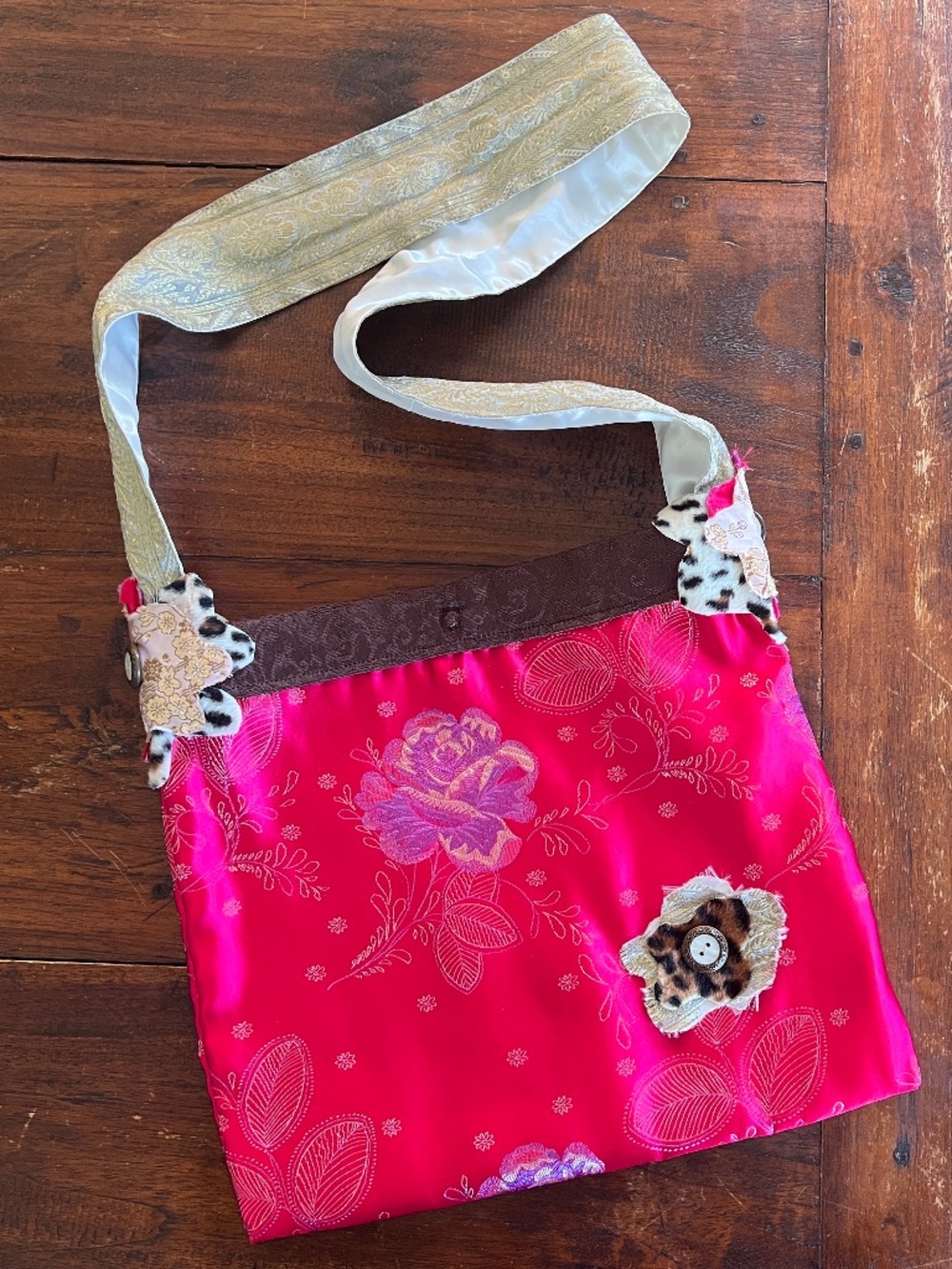 Pink Floral Satin Brocade Boho Crossbody Sling Bag